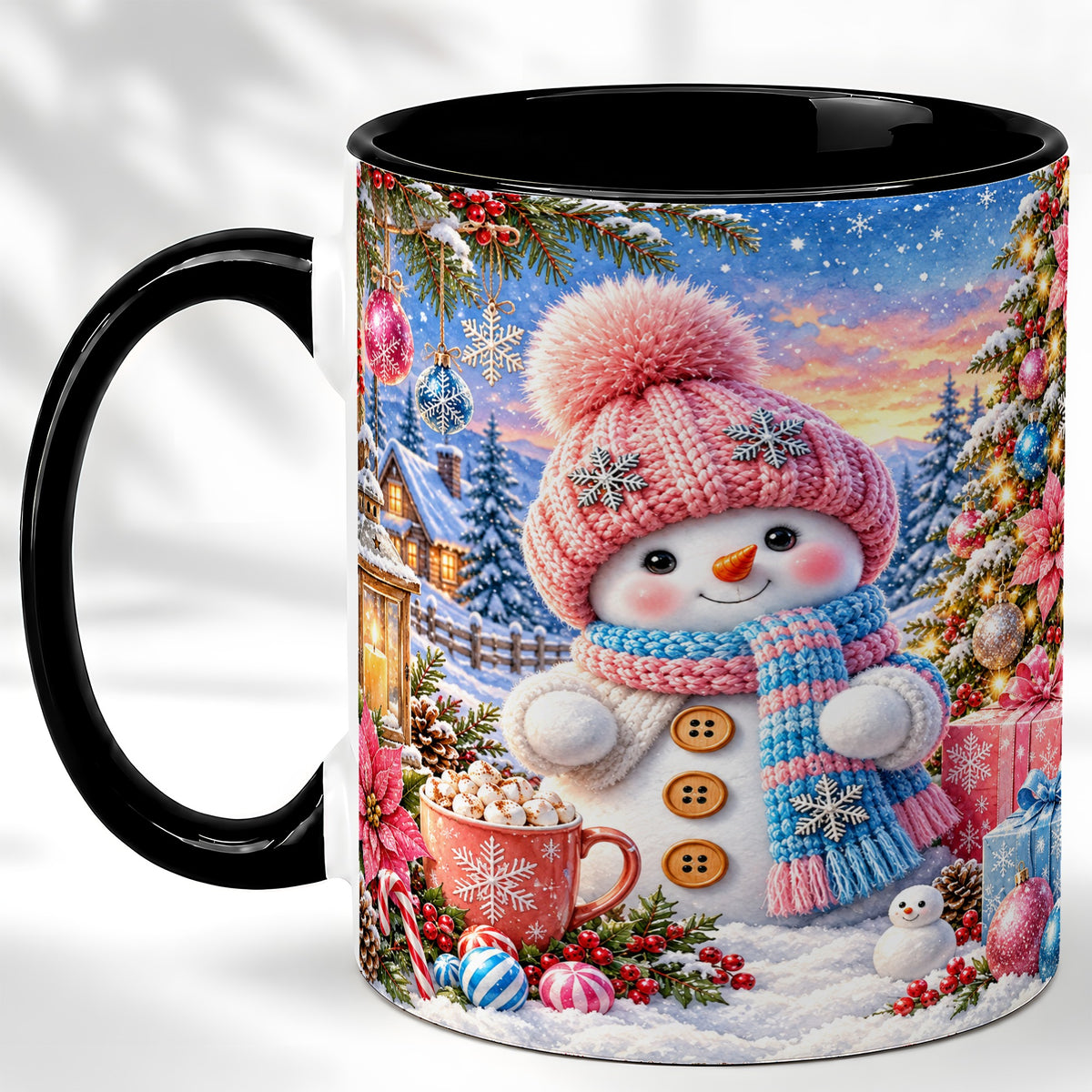 #pl[11oz|Black] Cute Snowman Coffee Mug, Pink Blue Holiday Mug, Ceramic Cup