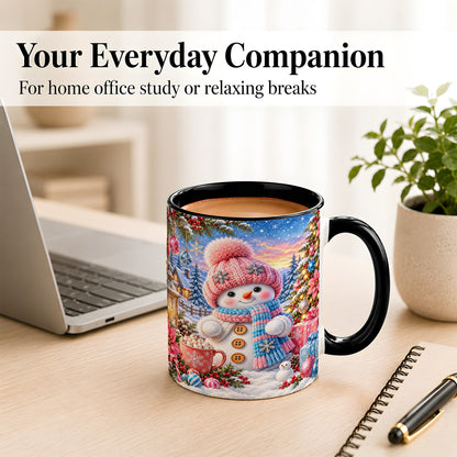 #pl[11oz|Black] Cute Snowman Coffee Mug, Pink Blue Holiday Mug, Ceramic Cup