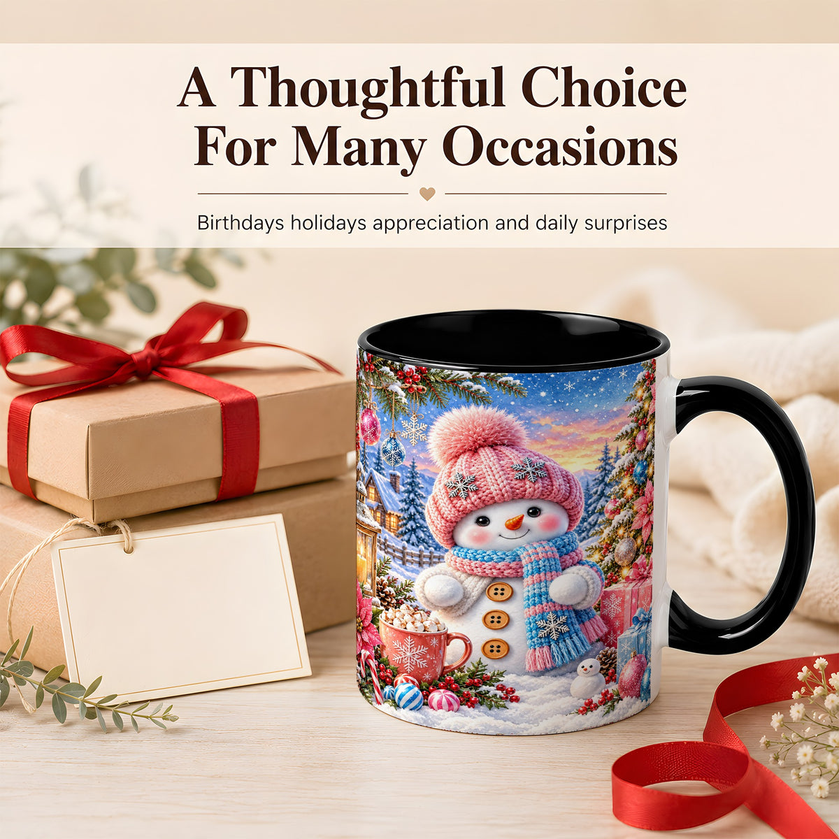 #pl[11oz|Black] Cute Snowman Coffee Mug, Pink Blue Holiday Mug, Ceramic Cup