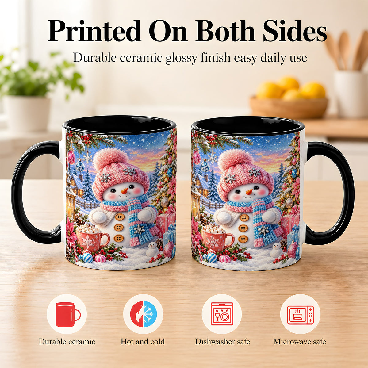 #pl[11oz|Black] Cute Snowman Coffee Mug, Pink Blue Holiday Mug, Ceramic Cup