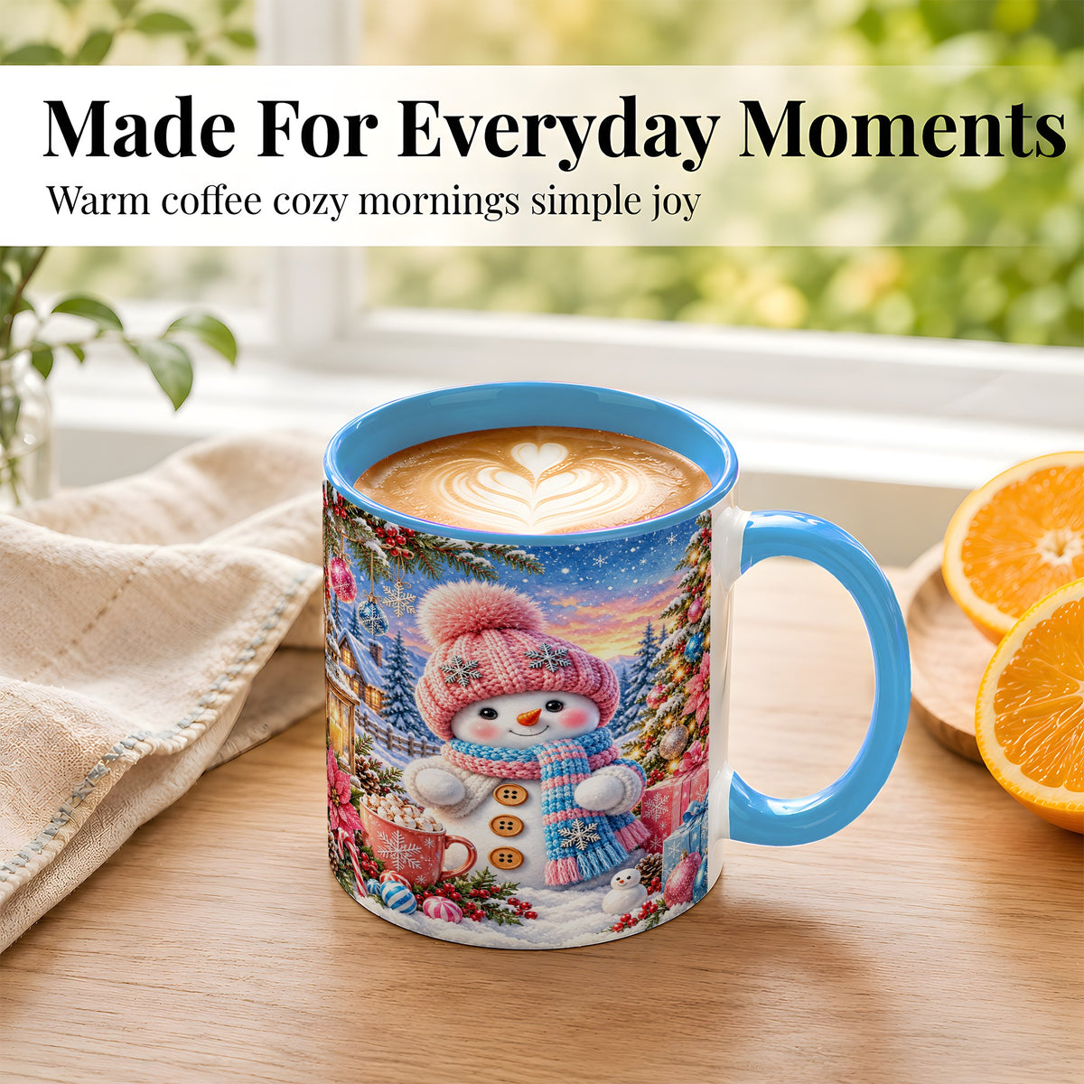 #pl[11oz|Blue] Cute Snowman Coffee Mug, Pink Blue Holiday Mug, Ceramic Cup