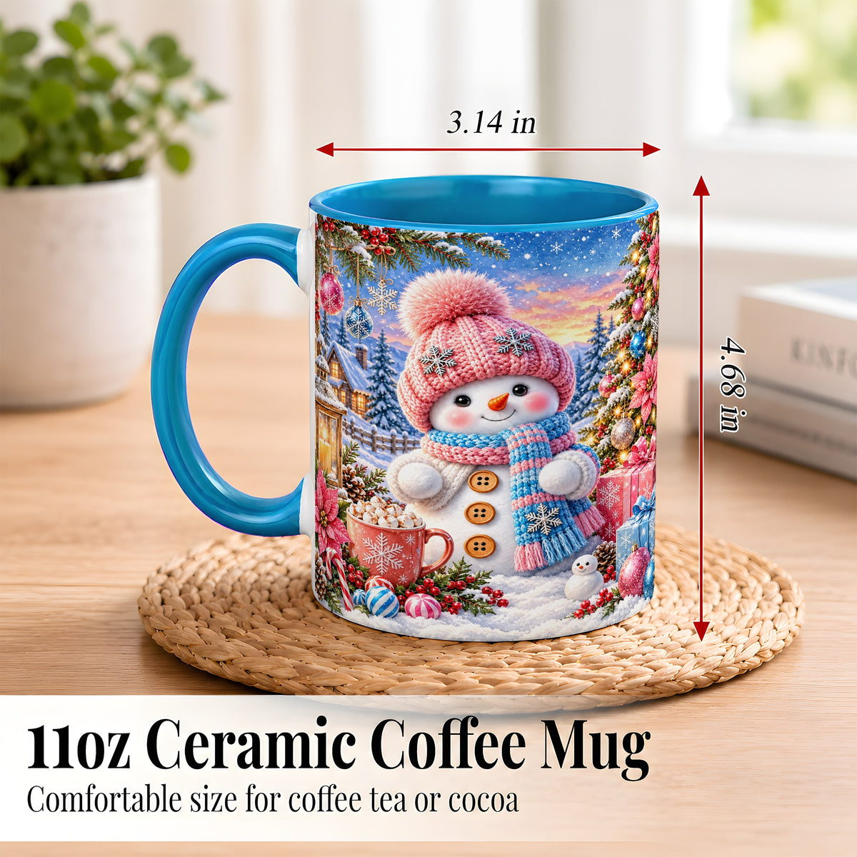 #pl[11oz|Blue] Cute Snowman Coffee Mug, Pink Blue Holiday Mug, Ceramic Cup