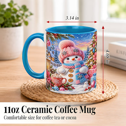 #pl[11oz|Blue] Cute Snowman Coffee Mug, Pink Blue Holiday Mug, Ceramic Cup