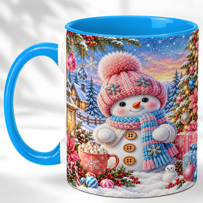 #pl[11oz|Blue] Cute Snowman Coffee Mug, Pink Blue Holiday Mug, Ceramic Cup