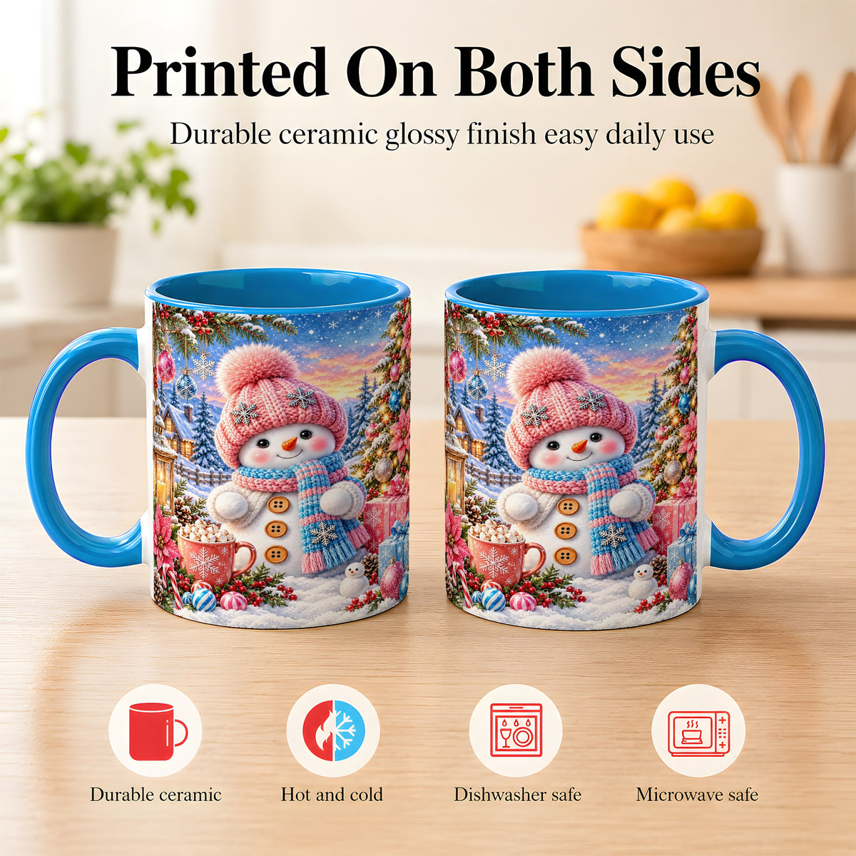 #pl[11oz|Blue] Cute Snowman Coffee Mug, Pink Blue Holiday Mug, Ceramic Cup
