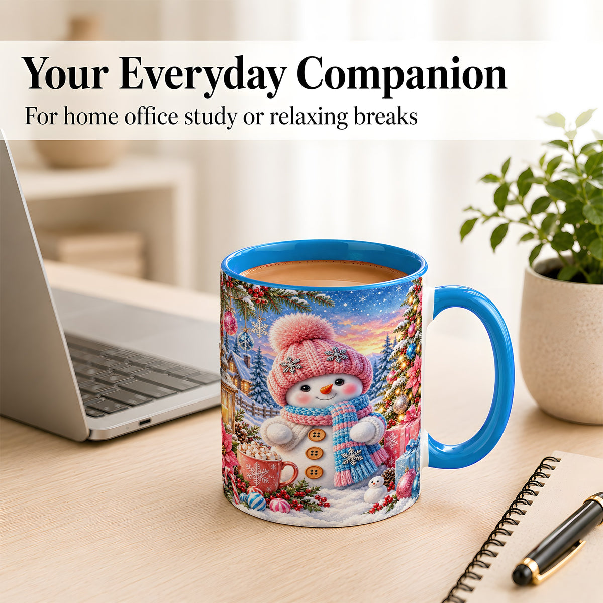 #pl[11oz|Blue] Cute Snowman Coffee Mug, Pink Blue Holiday Mug, Ceramic Cup