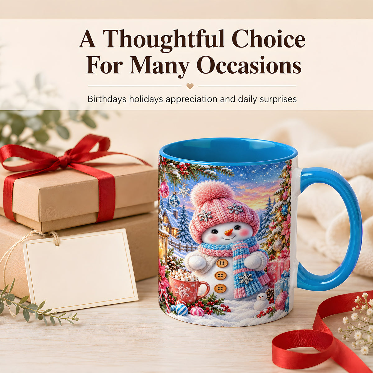 #pl[11oz|Blue] Cute Snowman Coffee Mug, Pink Blue Holiday Mug, Ceramic Cup