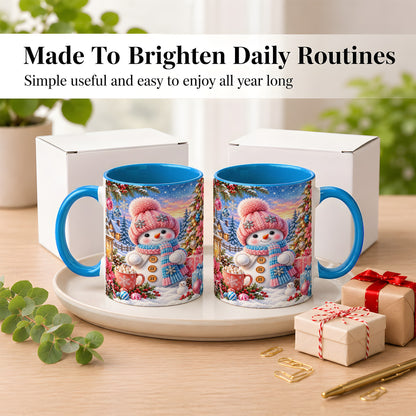 #pl[11oz|Blue] Cute Snowman Coffee Mug, Pink Blue Holiday Mug, Ceramic Cup