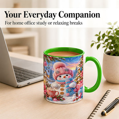 #pl[11oz|Green] Cute Snowman Coffee Mug, Pink Blue Holiday Mug, Ceramic Cup
