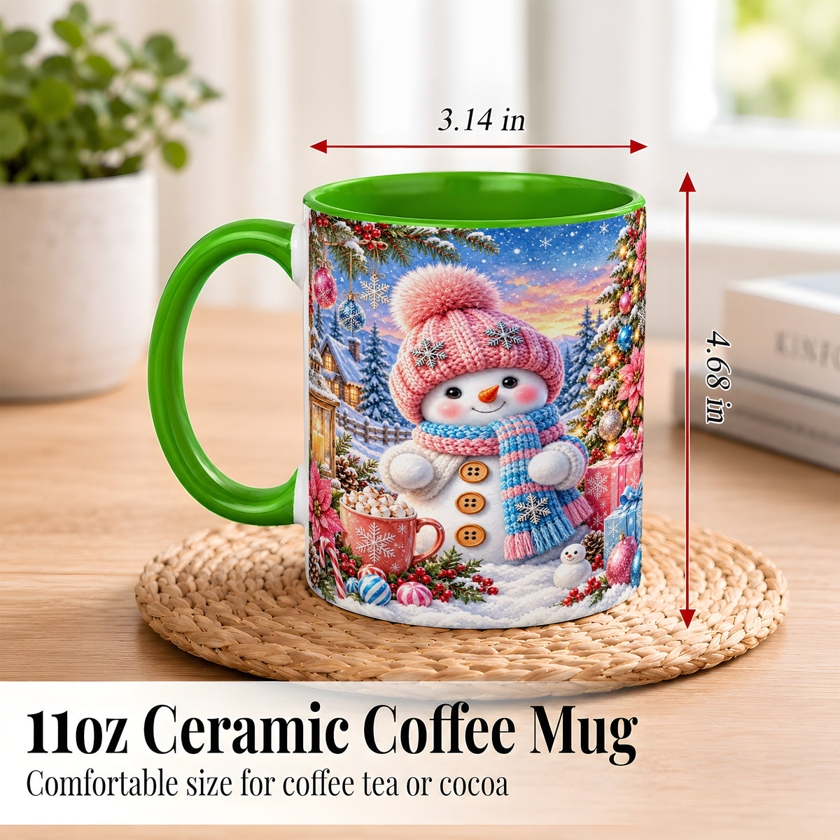 #pl[11oz|Green] Cute Snowman Coffee Mug, Pink Blue Holiday Mug, Ceramic Cup
