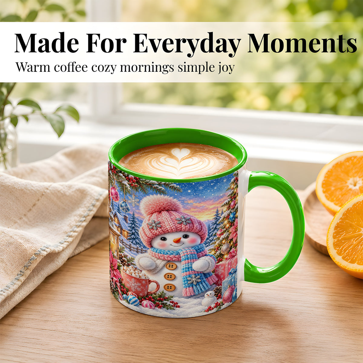 #pl[11oz|Green] Cute Snowman Coffee Mug, Pink Blue Holiday Mug, Ceramic Cup