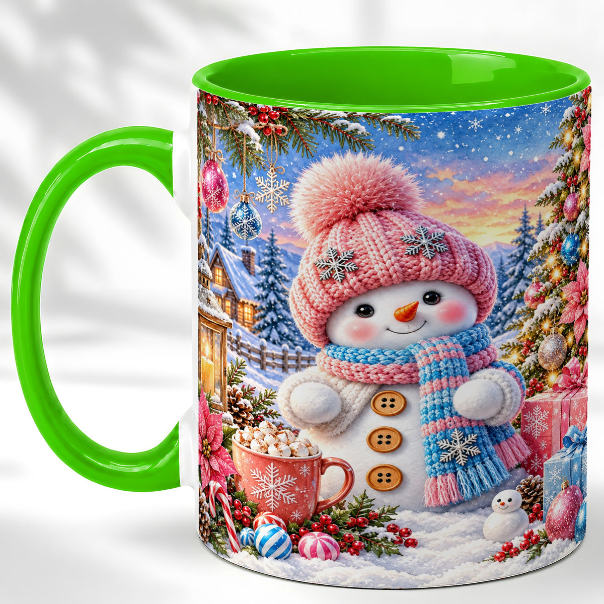 #pl[11oz|Green] Cute Snowman Coffee Mug, Pink Blue Holiday Mug, Ceramic Cup