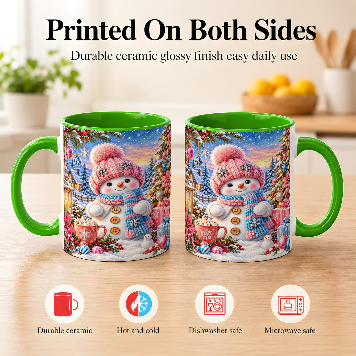 #pl[11oz|Green] Cute Snowman Coffee Mug, Pink Blue Holiday Mug, Ceramic Cup