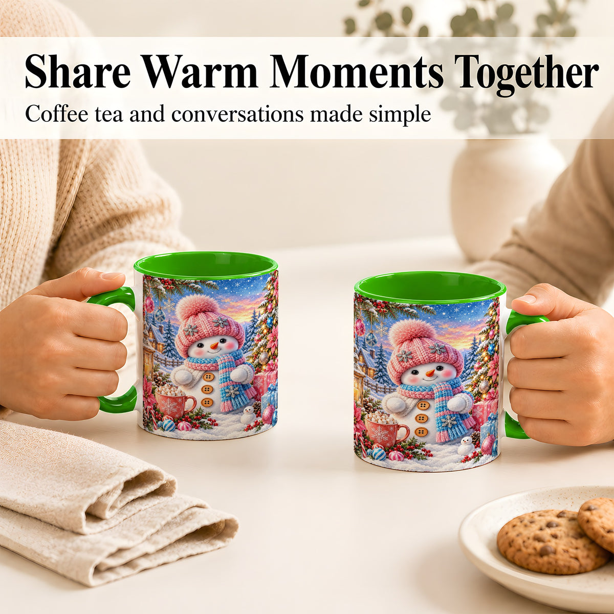 #pl[11oz|Green] Cute Snowman Coffee Mug, Pink Blue Holiday Mug, Ceramic Cup