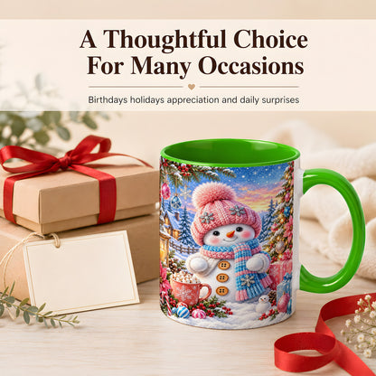 #pl[11oz|Green] Cute Snowman Coffee Mug, Pink Blue Holiday Mug, Ceramic Cup