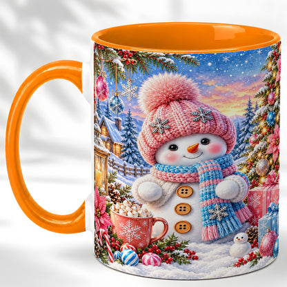 #pl[11oz|Orange] Cute Snowman Coffee Mug, Pink Blue Holiday Mug, Ceramic Cup