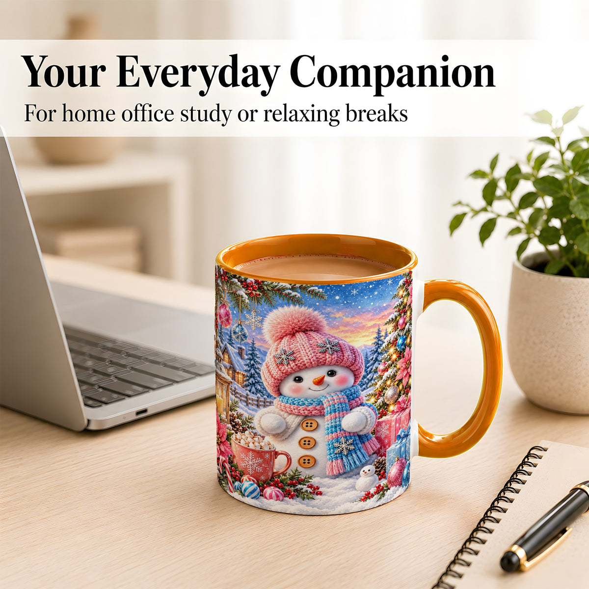 #pl[11oz|Orange] Cute Snowman Coffee Mug, Pink Blue Holiday Mug, Ceramic Cup