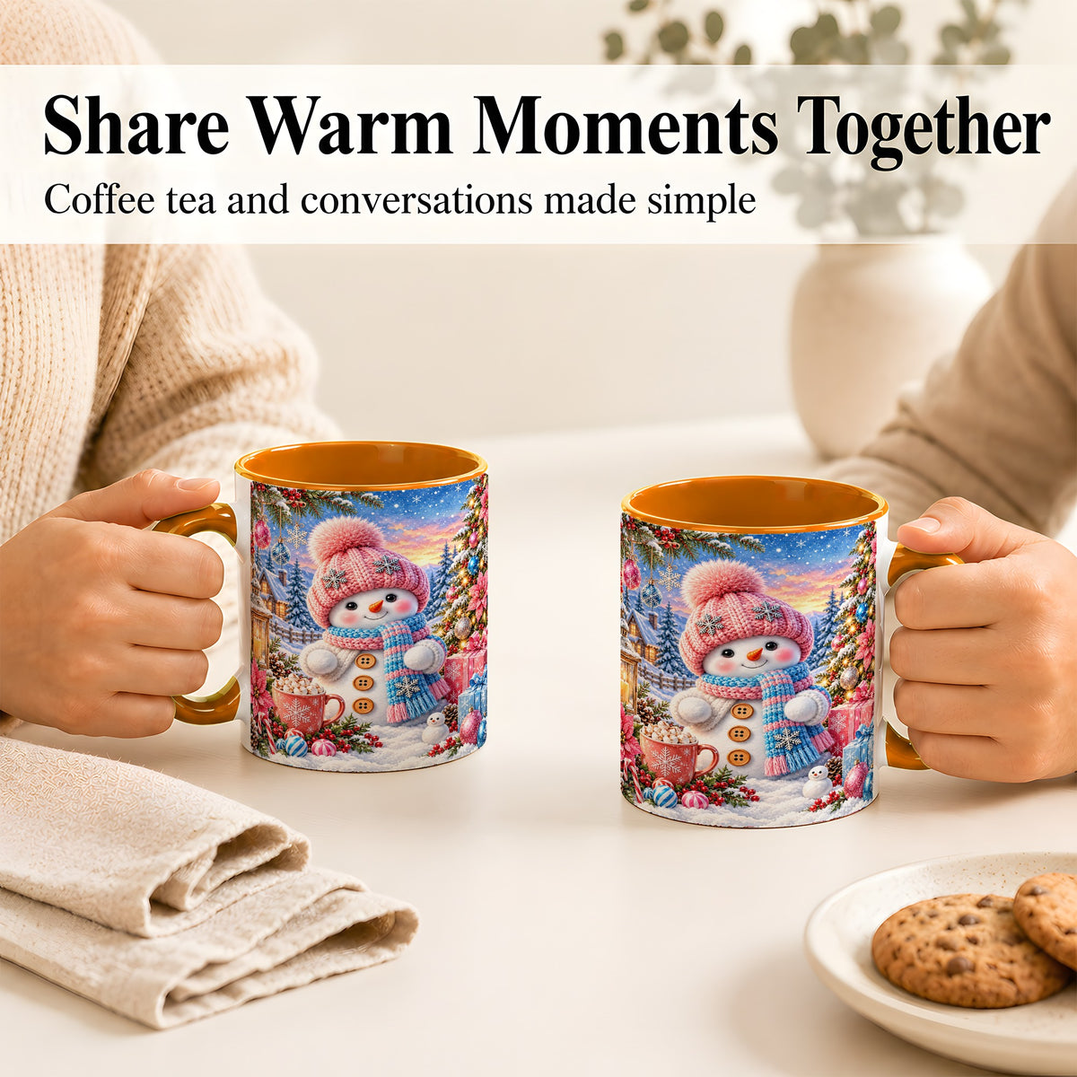 #pl[11oz|Orange] Cute Snowman Coffee Mug, Pink Blue Holiday Mug, Ceramic Cup