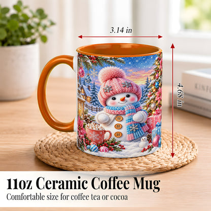 #pl[11oz|Orange] Cute Snowman Coffee Mug, Pink Blue Holiday Mug, Ceramic Cup
