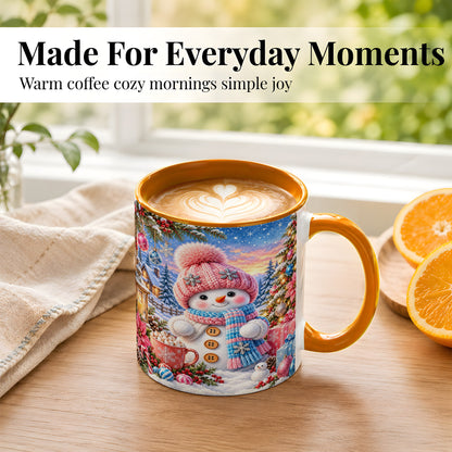 #pl[11oz|Orange] Cute Snowman Coffee Mug, Pink Blue Holiday Mug, Ceramic Cup