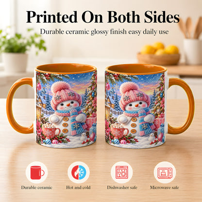 #pl[11oz|Orange] Cute Snowman Coffee Mug, Pink Blue Holiday Mug, Ceramic Cup