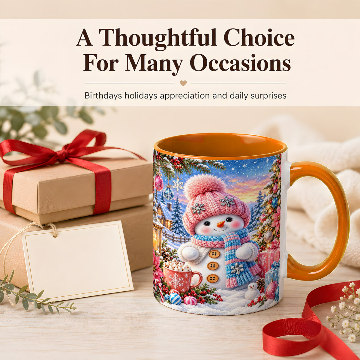 #pl[11oz|Orange] Cute Snowman Coffee Mug, Pink Blue Holiday Mug, Ceramic Cup