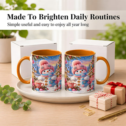 #pl[11oz|Orange] Cute Snowman Coffee Mug, Pink Blue Holiday Mug, Ceramic Cup
