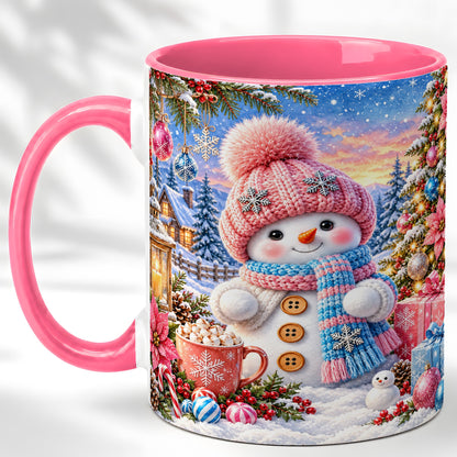 #pl[11oz|Pink] Cute Snowman Coffee Mug, Pink Blue Holiday Mug, Ceramic Cup
