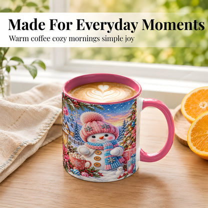 #pl[11oz|Pink] Cute Snowman Coffee Mug, Pink Blue Holiday Mug, Ceramic Cup