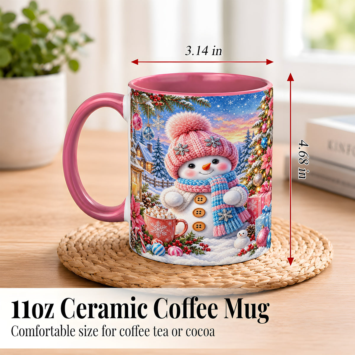 #pl[11oz|Pink] Cute Snowman Coffee Mug, Pink Blue Holiday Mug, Ceramic Cup