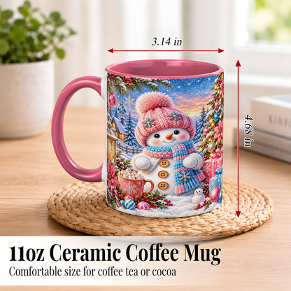 #pl[11oz|Pink] Cute Snowman Coffee Mug, Pink Blue Holiday Mug, Ceramic Cup