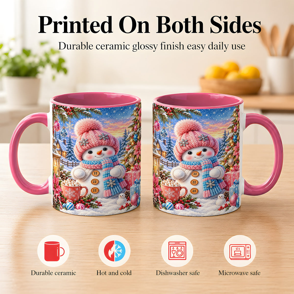 #pl[11oz|Pink] Cute Snowman Coffee Mug, Pink Blue Holiday Mug, Ceramic Cup