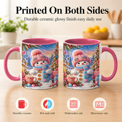 #pl[11oz|Pink] Cute Snowman Coffee Mug, Pink Blue Holiday Mug, Ceramic Cup