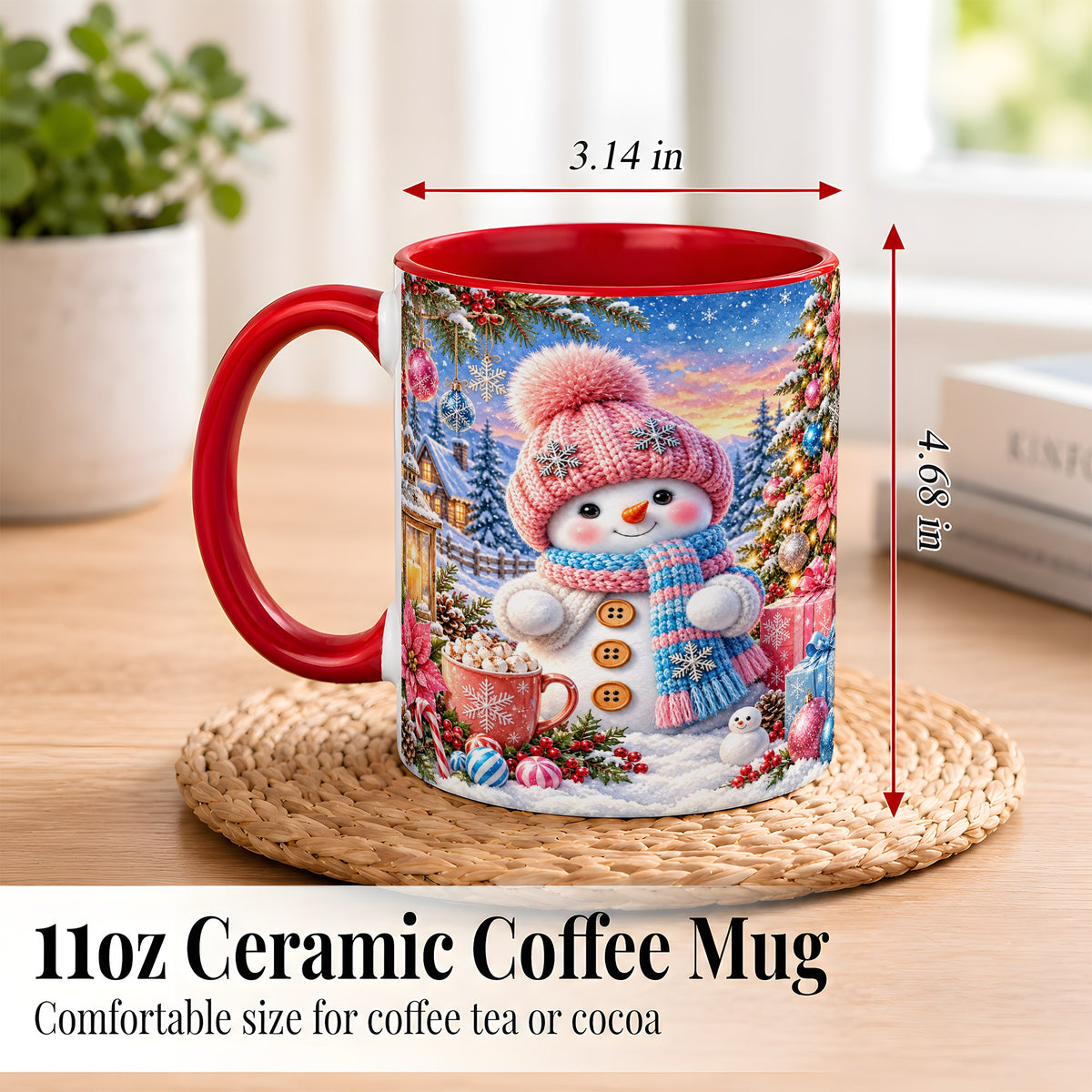 #pl[11oz|Red] Cute Snowman Coffee Mug, Pink Blue Holiday Mug, Ceramic Cup