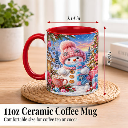 #pl[11oz|Red] Cute Snowman Coffee Mug, Pink Blue Holiday Mug, Ceramic Cup
