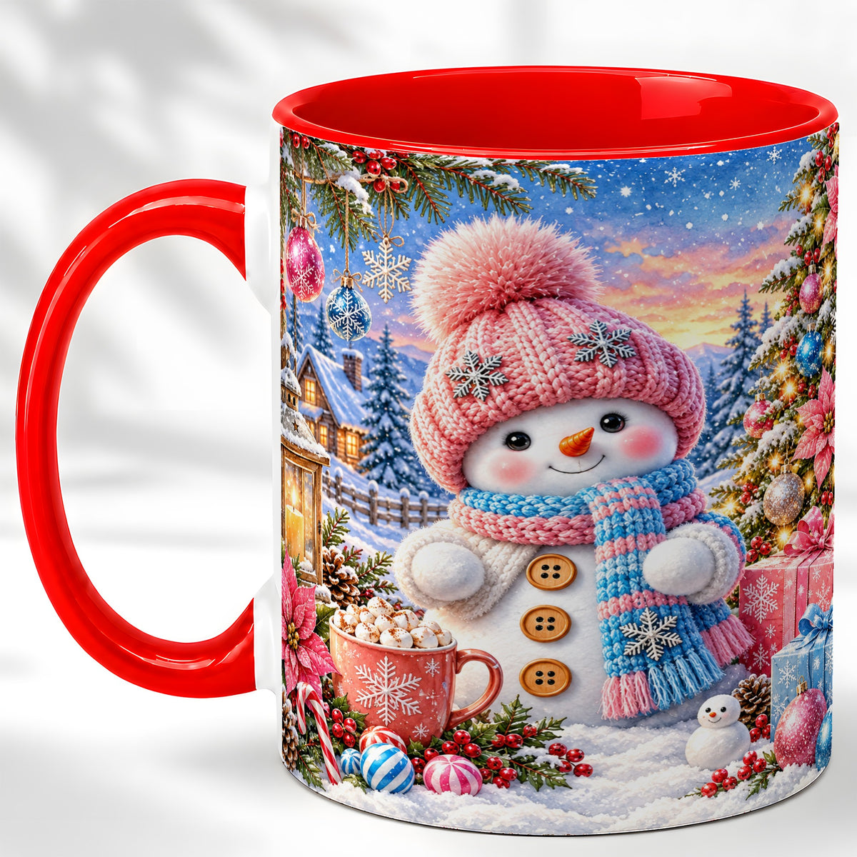 Cute Snowman Coffee Mug, Pink Blue Holiday Mug, Ceramic Cup