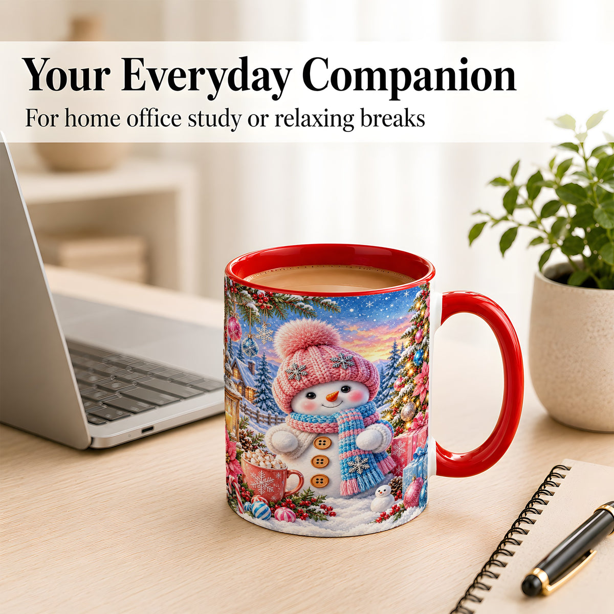 #pl[11oz|Red] Cute Snowman Coffee Mug, Pink Blue Holiday Mug, Ceramic Cup