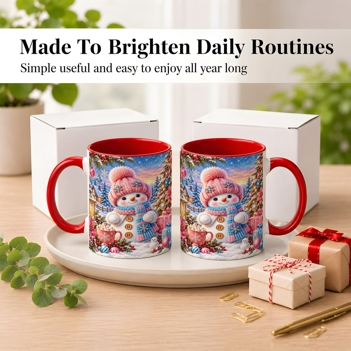 #pl[11oz|Red] Cute Snowman Coffee Mug, Pink Blue Holiday Mug, Ceramic Cup