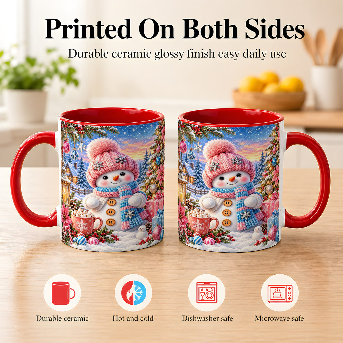 #pl[11oz|Red] Cute Snowman Coffee Mug, Pink Blue Holiday Mug, Ceramic Cup