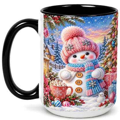 #pl[15oz|Black] Cute Snowman Coffee Mug, Pink Blue Holiday Mug, Ceramic Cup