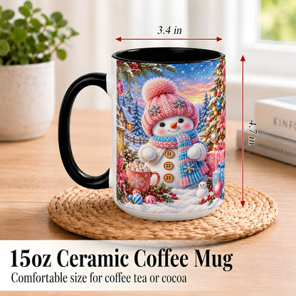 #pl[15oz|Black] Cute Snowman Coffee Mug, Pink Blue Holiday Mug, Ceramic Cup