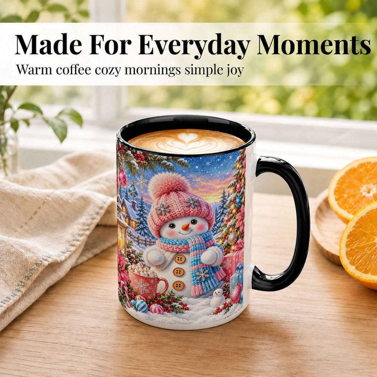 #pl[15oz|Black] Cute Snowman Coffee Mug, Pink Blue Holiday Mug, Ceramic Cup