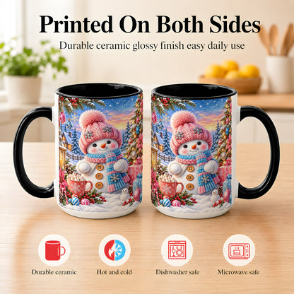 #pl[15oz|Black] Cute Snowman Coffee Mug, Pink Blue Holiday Mug, Ceramic Cup