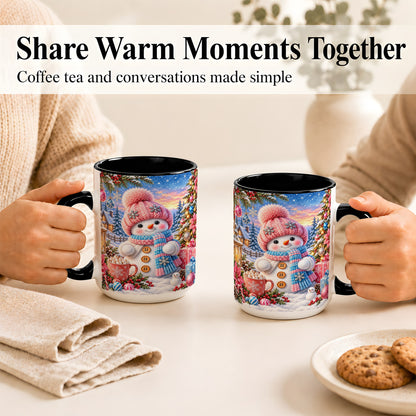 #pl[15oz|Black] Cute Snowman Coffee Mug, Pink Blue Holiday Mug, Ceramic Cup