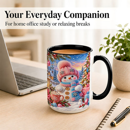 #pl[15oz|Black] Cute Snowman Coffee Mug, Pink Blue Holiday Mug, Ceramic Cup