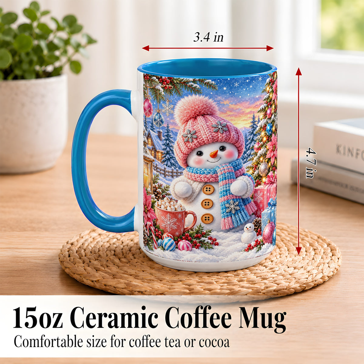 #pl[15oz|Blue] Cute Snowman Coffee Mug, Pink Blue Holiday Mug, Ceramic Cup