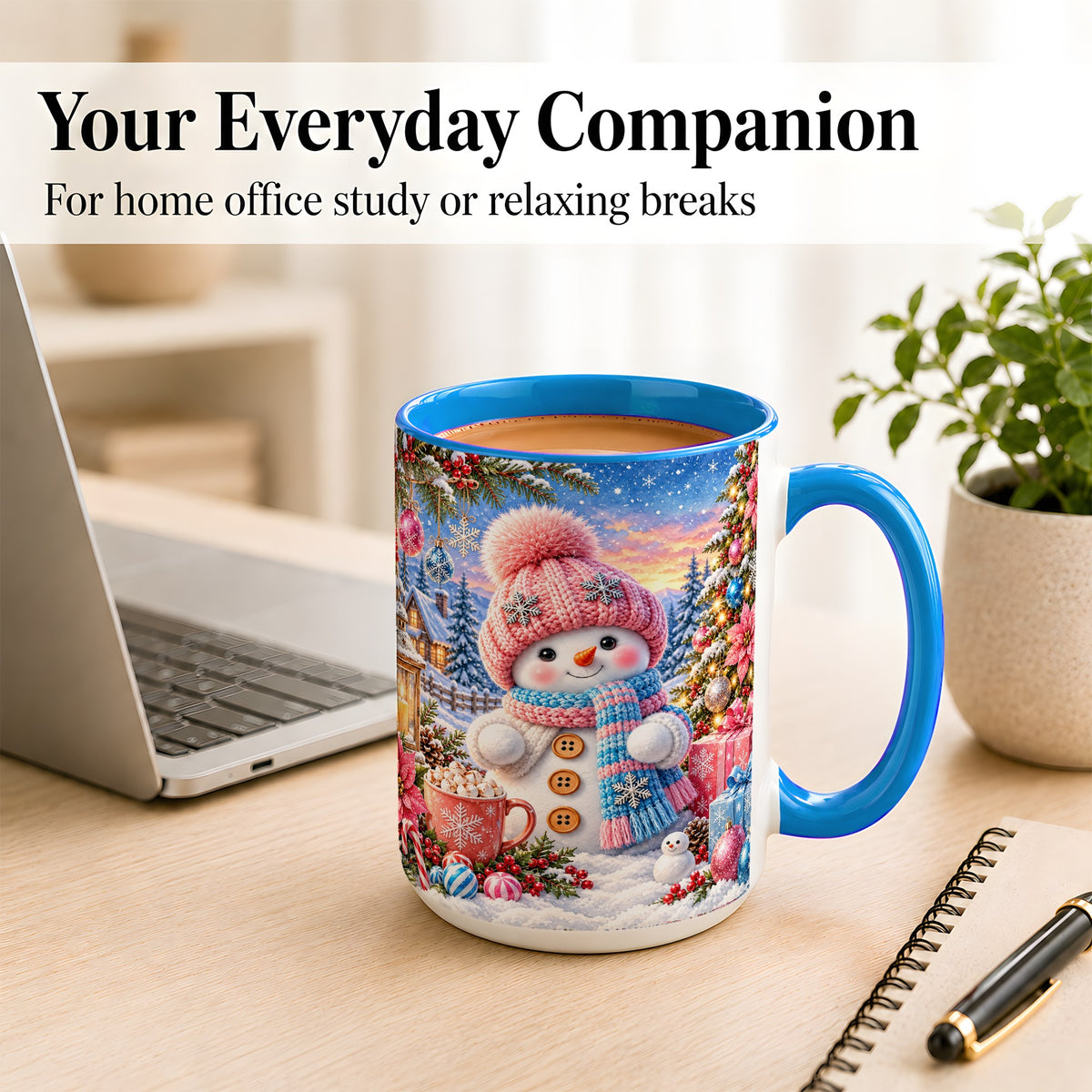 #pl[15oz|Blue] Cute Snowman Coffee Mug, Pink Blue Holiday Mug, Ceramic Cup