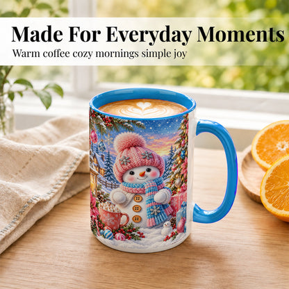 #pl[15oz|Blue] Cute Snowman Coffee Mug, Pink Blue Holiday Mug, Ceramic Cup