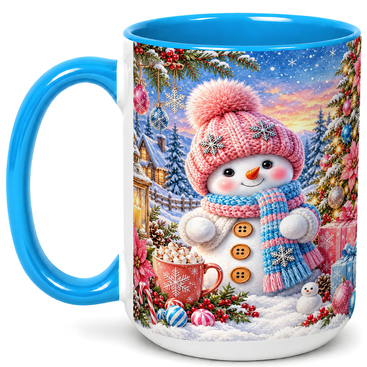 #pl[15oz|Blue] Cute Snowman Coffee Mug, Pink Blue Holiday Mug, Ceramic Cup