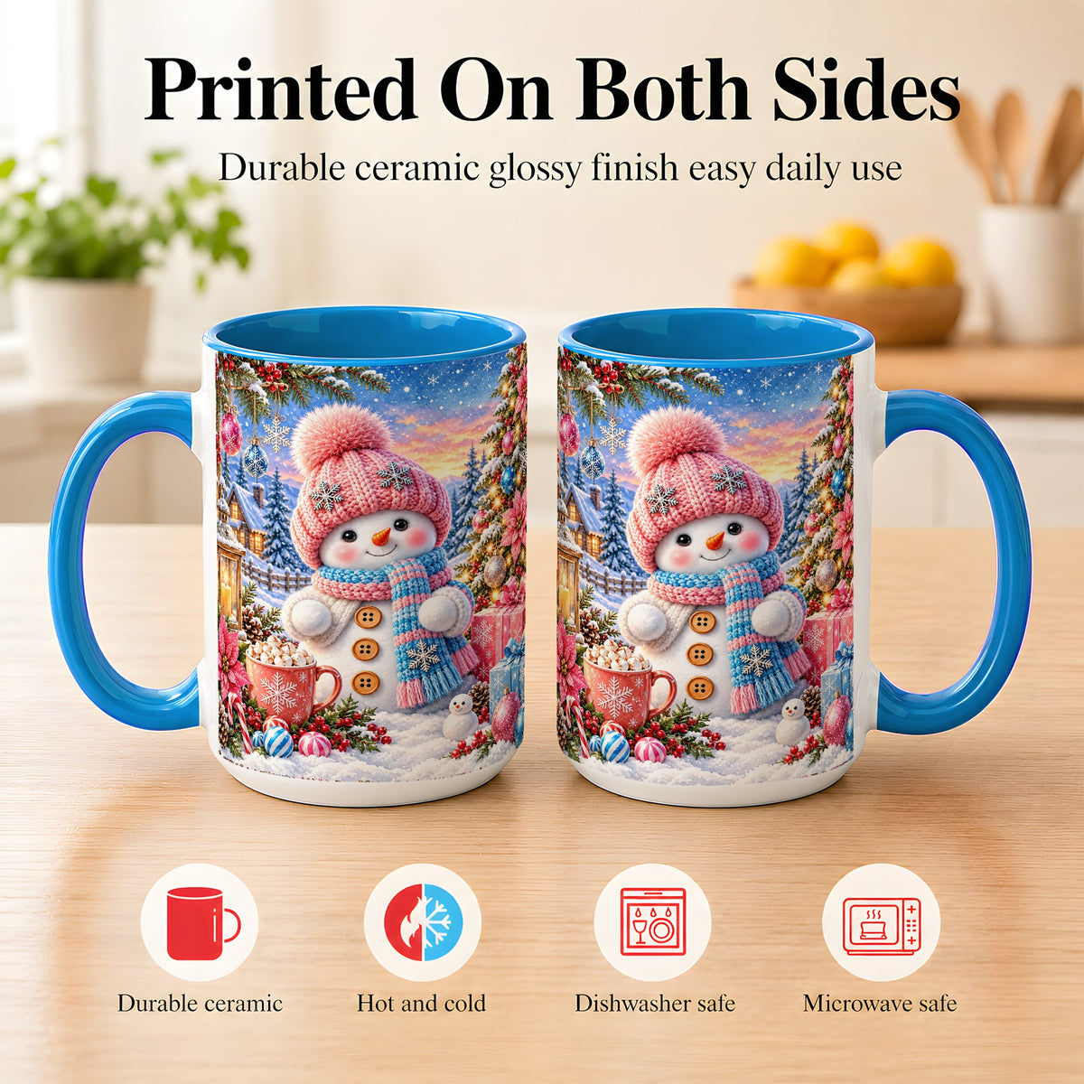 #pl[15oz|Blue] Cute Snowman Coffee Mug, Pink Blue Holiday Mug, Ceramic Cup
